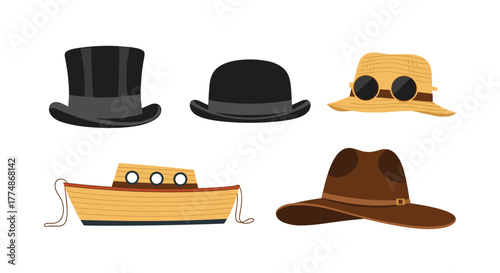 An illustration featuring a diverse collection of hats and a small wooden boat, presented on a white background.