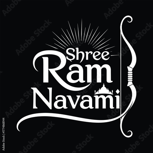 Shree Ram Navami Festival Emblem with Bow and Temple .