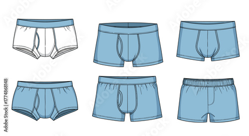Different styles of men's undergarments, featuring briefs, boxer briefs, and boxers in white and blue, presented as detailed technical fashion illustrations.