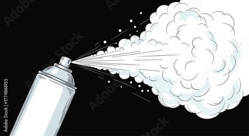 A close-up, angled view of a generic aerosol spray can releasing a powerful cloud of white mist and particles on a stark black background, in a stylized illustration.