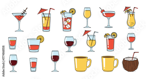 A diverse assortment of colorful beverages, including cocktails, wine, and coffee, presented in various drinkware with cartoon outlines.
