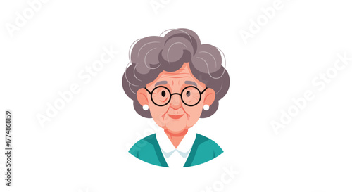 A cheerful cartoon illustration featuring an older lady with a kind expression, round glasses, and wavy grey hair, dressed in a collared teal shirt.
