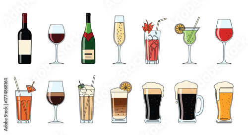 A diverse collection of popular alcoholic beverages featuring various wines, beers, and colorful cocktails, isolated on a white background.