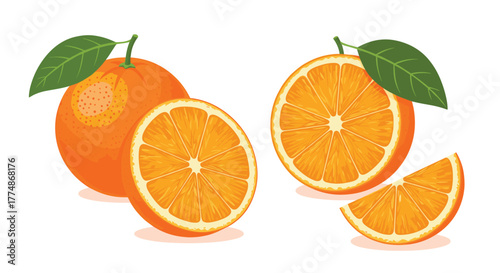 A vibrant and fresh collection of ripe oranges, featuring whole fruits, a perfectly sliced half, and a wedge, adorned with bright green leaves, isolated on a crisp white background.
