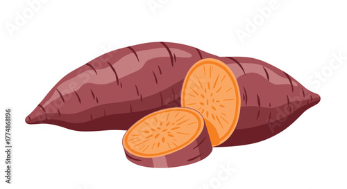 Two whole and two sliced purple-skinned sweet potatoes with orange flesh, depicted in a simple, flat cartoon illustration on a white background.