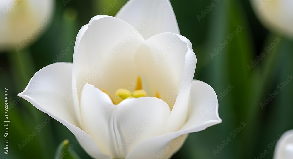 Fototapeta premium Close up of a delicate white tulip flower with yellow stamens and blurred green foliage background
