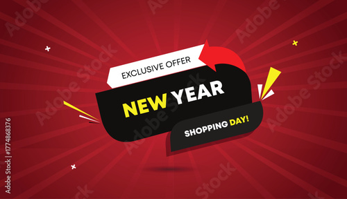 new year shopping day exclusive offer banner vector art design template badge icon label black gray white red yellow shapes bold text dark red light shine abstract sun business background