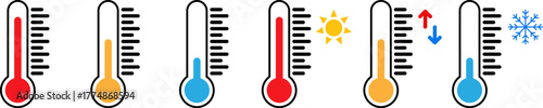 Thermometers showing different temperature levels and weather conditions