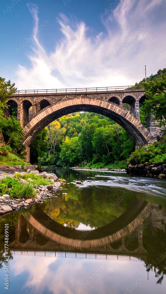 Fototapeta premium Arched stone bridge spans a calm river with trees and a partly cloudy blue sky above