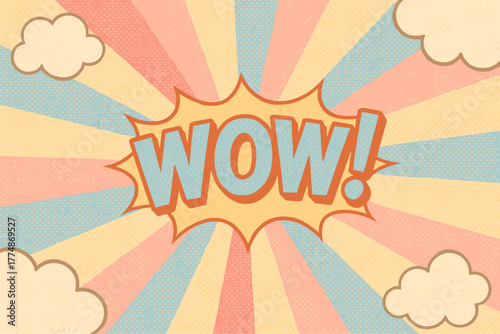 Vibrant retro comic style wow pop art with sunburst pattern and clouds