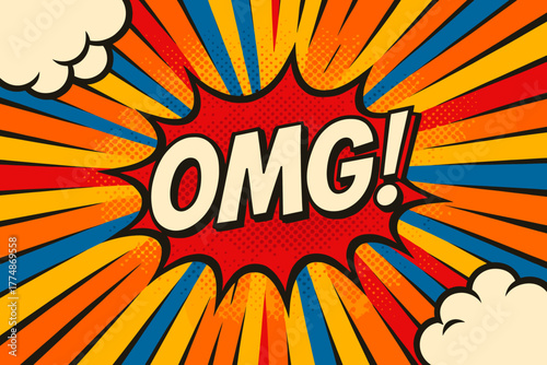 Explosive comic book pop art with expression omg in retro style