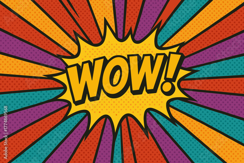 Vibrant pop art comic explosion with wow text in retro style