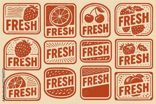 Retro fresh produce labels with fruit icons in rustic style