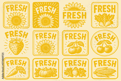 Hand drawn fresh produce badges with vintage style fruits and vegetables