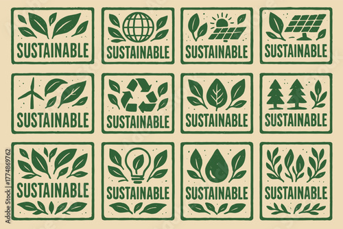 Eco-friendly icons collection featuring sustainability symbols and natural elements