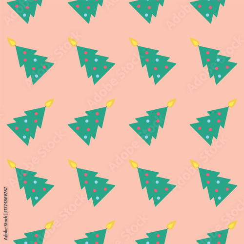 Seamless pattern of Christmas tree - candles on pink background for holiday decor and festive celebrations