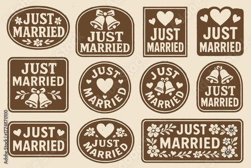 Vintage style just married signs with floral and bell designs in brown and white