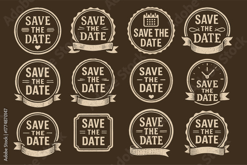Vintage save the date labels collection with banners and ribbons