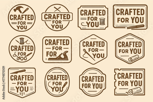 Crafted for you badges set with woodworking and sewing tools in vintage style