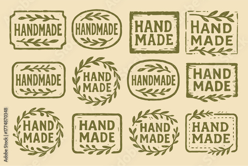 Vintage handmade stamps collection with decorative leaf designs