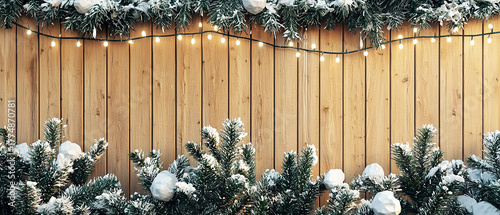 Mockup with wooden fence decorated with snowy pine branches and garland. Cozy Christmas background symbolizing winter holiday and festive home decor.
