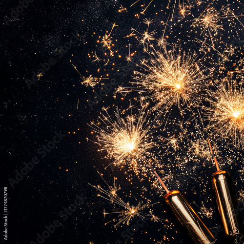 Golden fireworks, sparkles, and sparklers on black background. Festive Christmas and New Year mockup symbolizing joy, brightness, and holiday magic.