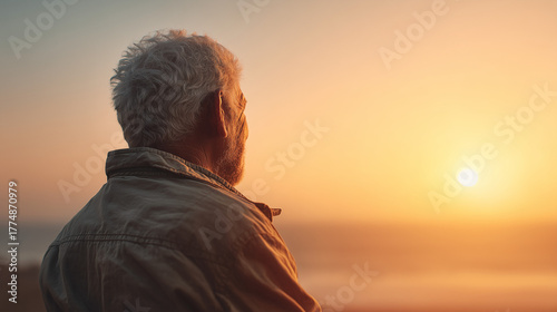 Elderly man gazing at sunset by the sea in peaceful reflection  