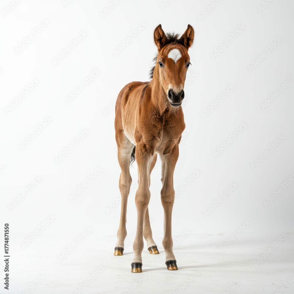 Obraz premium A charming newborn foal with soft brown fur stands alertly against a clean, bright white studio background, showcasing innocence and beauty ,animal ,fur ,innocent