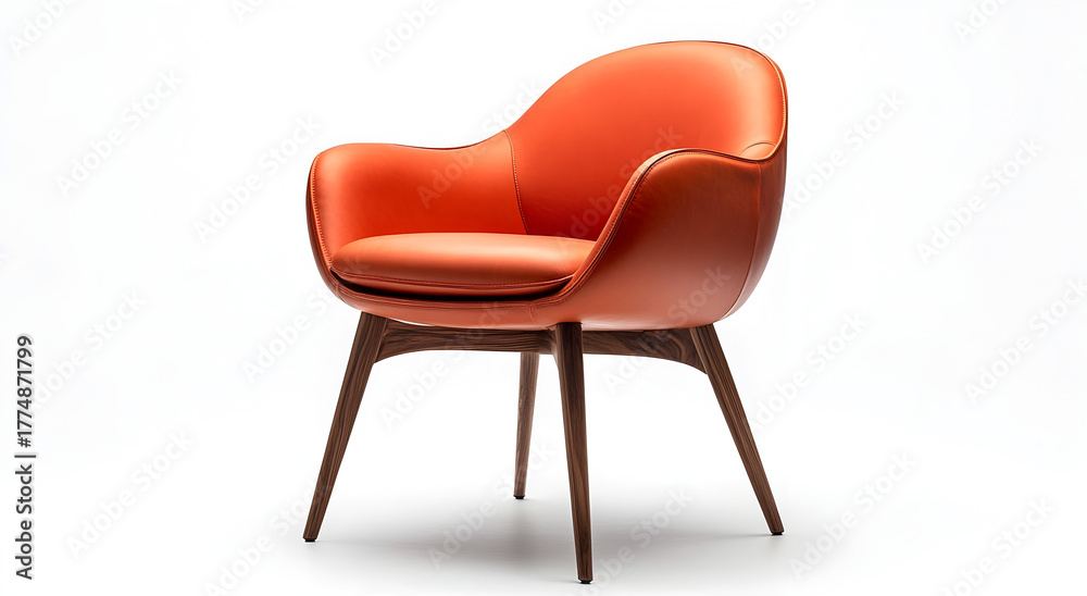 Fototapeta premium Modern orange armchair with curved back and tapered wooden legs on a white background elegant accent furniture