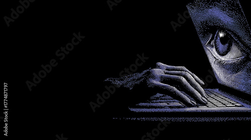 digital surveillance online observation. orwell 1984 style. hand is typing on keyboard in dark room. big brother all seeing eye is watching