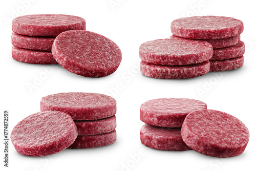 Raw Hamburger Patties Arranged in Groups isolated on White Background