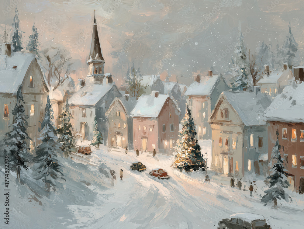 Fototapeta premium Christmas Town Village Painting, Cozy, Festive, Holiday, Whimsical, Artwork, Winter, Holiday Art