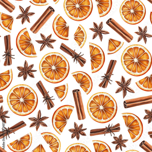 Seamless watercolor Christmas pattern with oranges, cinnamon, greenery, and spices. Festive citrus Christmas background.