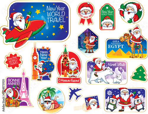 Santa Claus World Travel Stickers Set – Christmas Holiday Adventure Illustrations with Airplane, Reindeer, Polar Bear, Penguins, Egypt, Eiffel Tower, Big Ben, and New Year Greetings