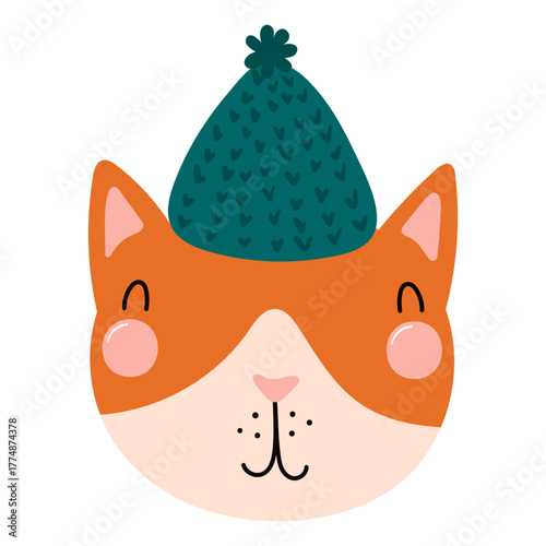 Cat in a knitted hat isolated on transparent. Hand drawn flat vector illustration. Cute cartoon character. Traditional Christmas, New Year design element, clip art
