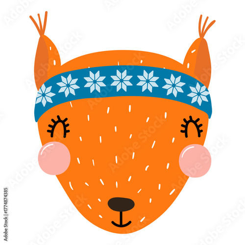 Squirrel in a knitted headband isolated on transparent. Hand drawn flat vector illustration. Cute cartoon character. Traditional Christmas, New Year design element, clip art