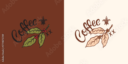 Coffee badge or emblem for your shop or package. To go and arabica coffee. Simple designs ready to use in your business. Gothic and traditional scripts with phrases. Engraved, brush drawn elements
