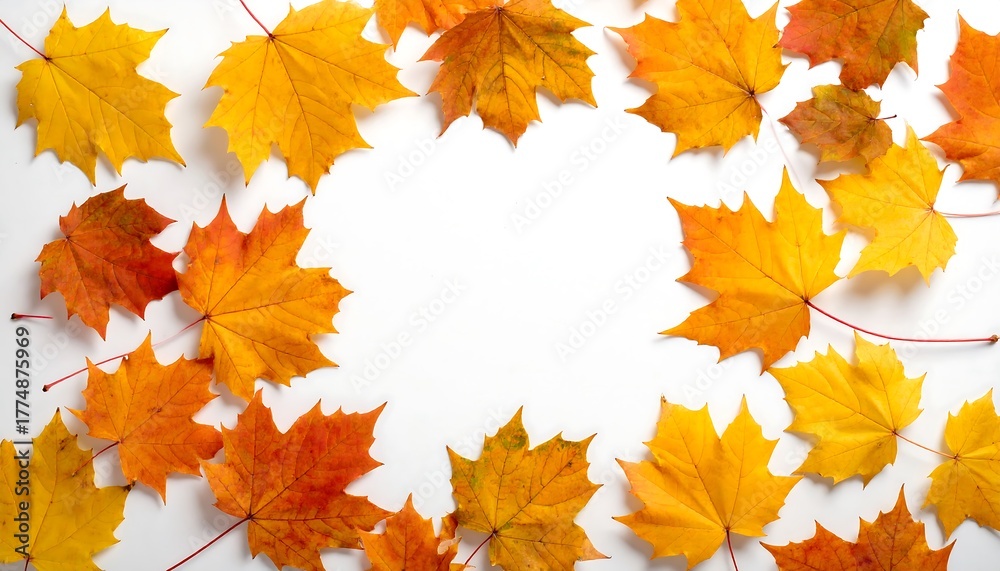 Fototapeta premium Autumn leaves frame on white background, vibrant fall colors.