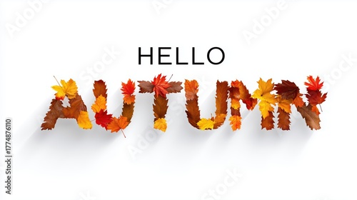 Hello Autumn word made of pine cones with colorful fall leaves on white background, seasonal decoration and foliage concept