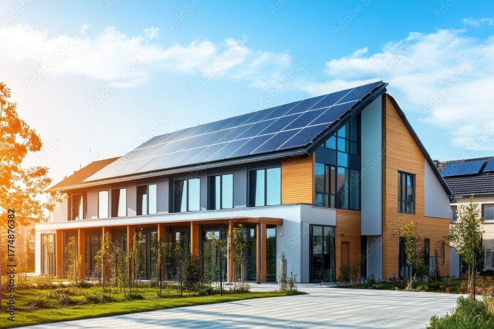 Obraz premium Modern eco-friendly building with solar panels in a sunny urban setting