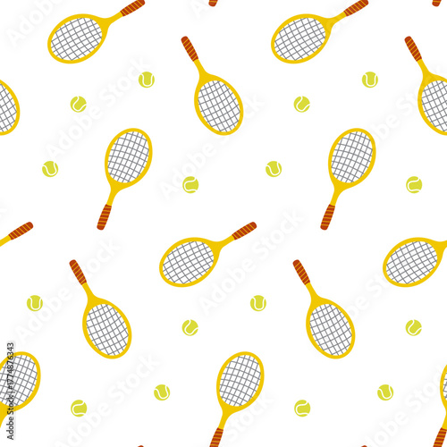 Yellow tennis racket and ball. Sports seamless pattern. Design for sports-themed product, textile, fabric, kids clothing, bag, wrapping paper, and wallpaper. Vector illustration