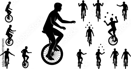 circus player , riding bike , juggling silhouette vector illustration 