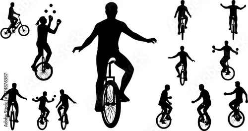 circus player , riding bike , juggling silhouette vector illustration 