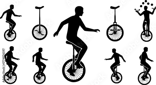 circus player , riding bike , juggling silhouette vector illustration 