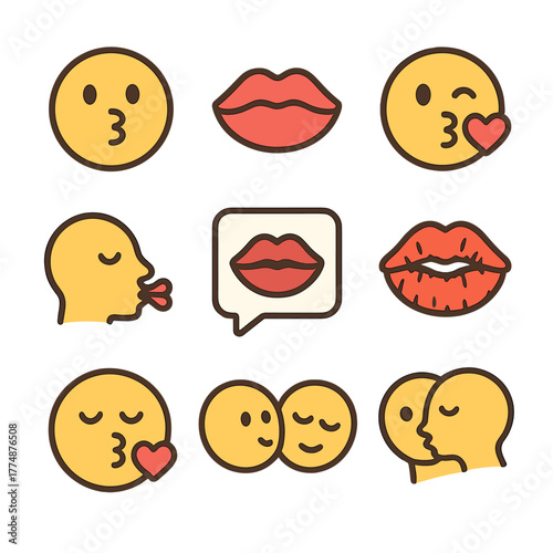 Kissing Icons Grid. Flat icon set of kissing & smooch: kissy face, puckered lips, heart kiss, close-mouth kiss
