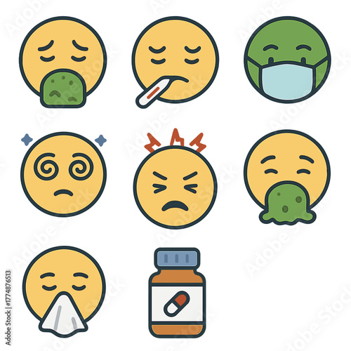Sick Icons Set. Flat icon set of sick & unwell: nauseated face, thermometer mouth, green face, mask face,
