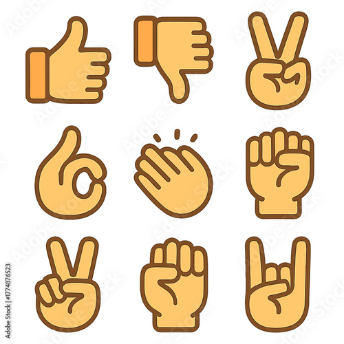 Emoji Gesture Icons. Flat icon set of emoji gestures: thumbs up, thumbs down, peace sign, OK hand, clap hands,