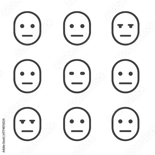 Neutral Face Icons. Flat icon set of neutral & expressionless: blank face, neutral mouth, straight eyes, poker