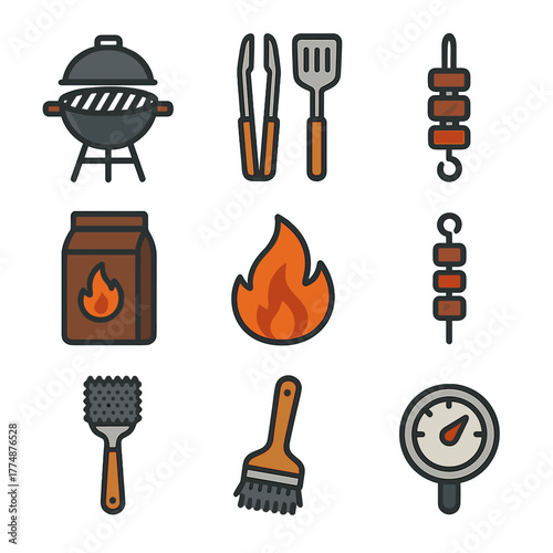 Grilling Essentials Icons. Flat icon set of grilling essentials: barbecue grill, tongs, spatula, grill fork,