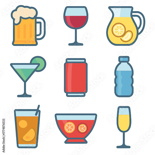 Party Drink Icons. Flat icon set of party drinks: cold beer mug, wine glass, lemonade pitcher, cocktail glass,